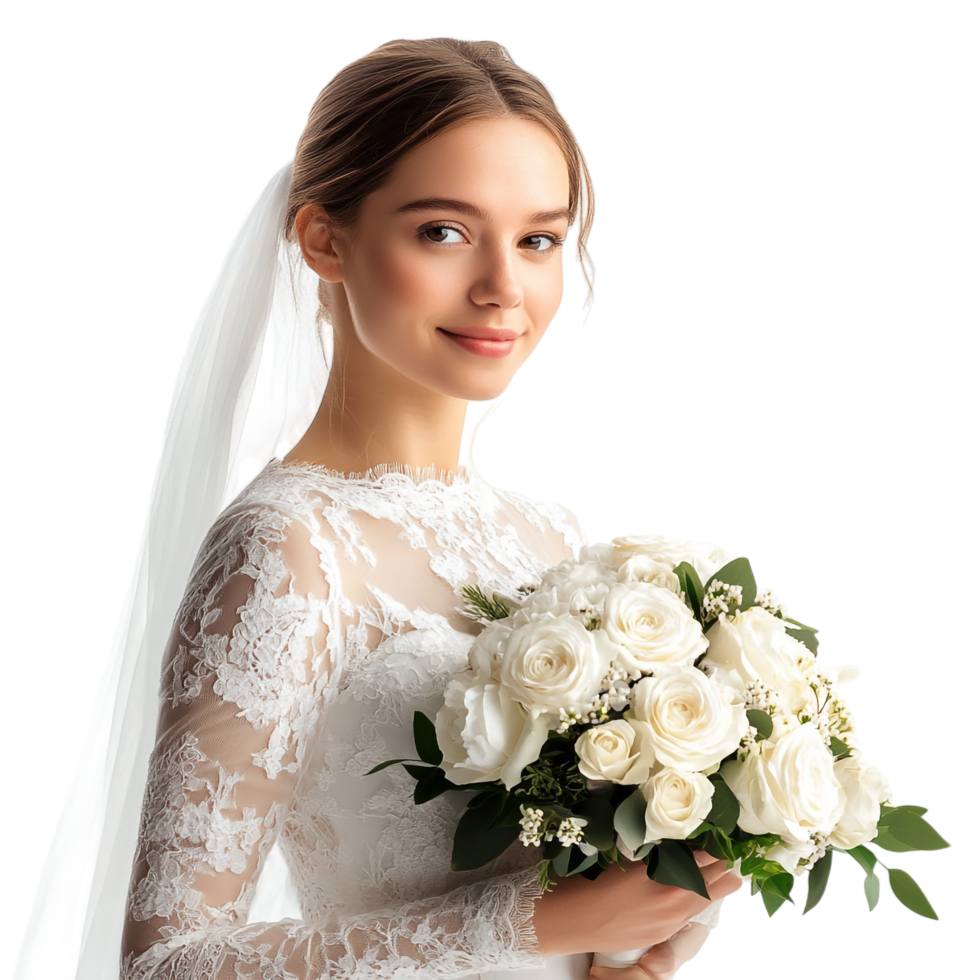 Bride holding a flower bouquet isolated against a transparent background png