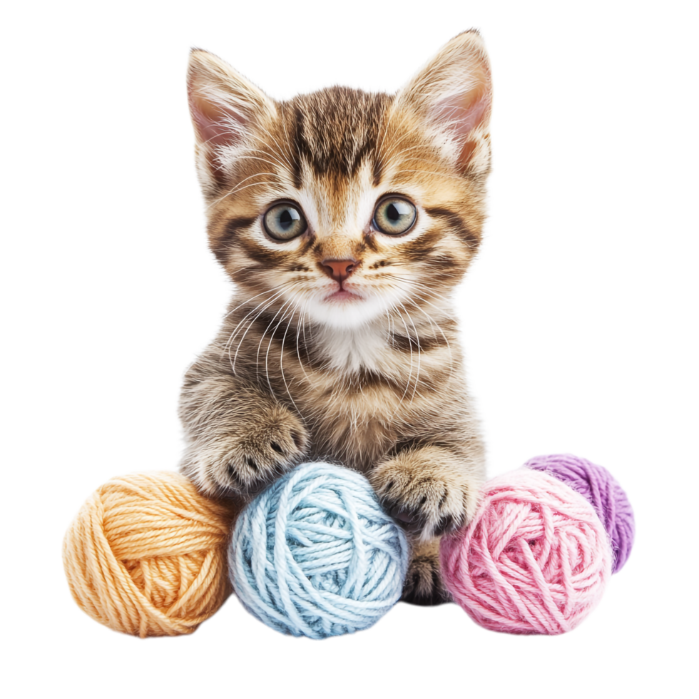Cute Kitten with Yarn Balls on transparent background png