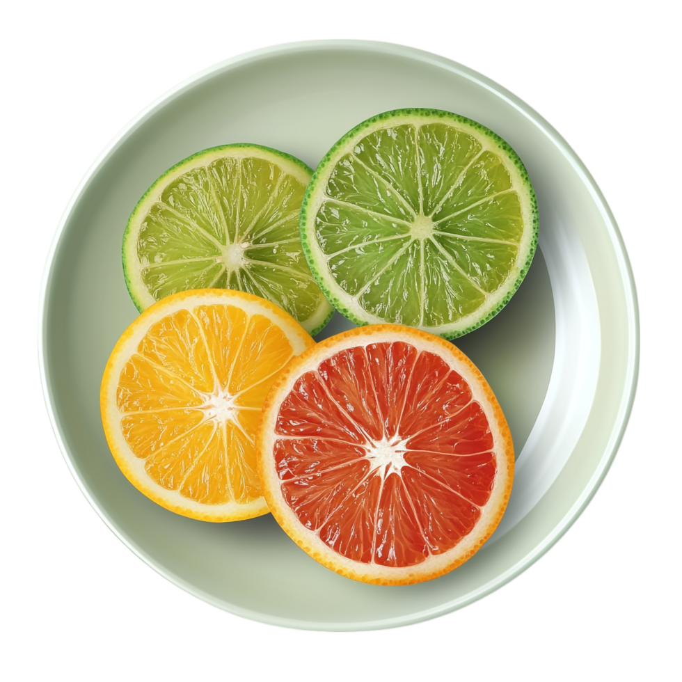 plate with sliced ripe green oranges on a transparent background png