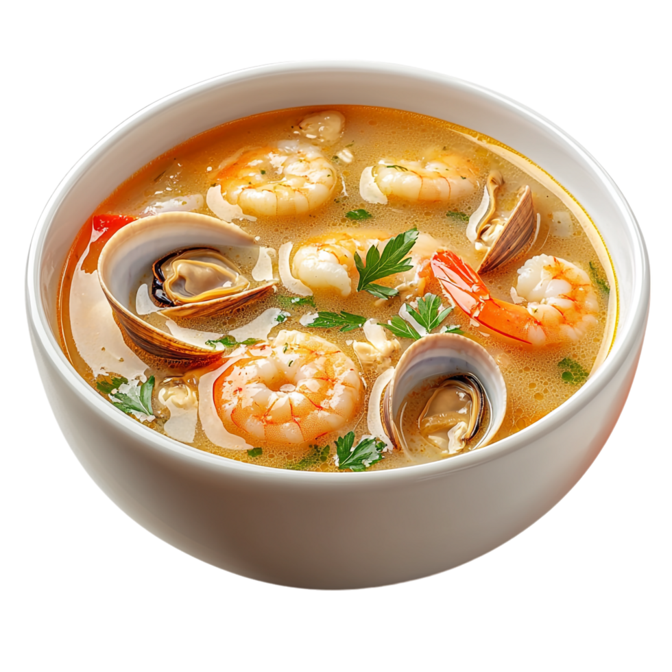 Bowl of soup with clams and shrimp isolated against a transparent background png