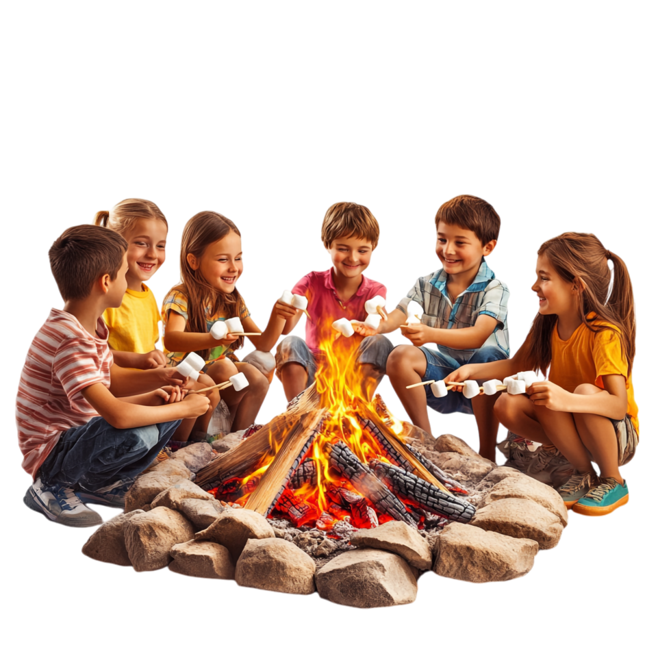 Group of Kids Roasting Marshmallows by a Bonfire in the Forest png