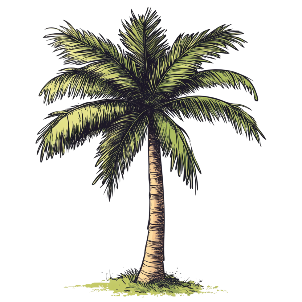 Hand drawn cartoon illustration of a tropical palm tree on a transparent background png