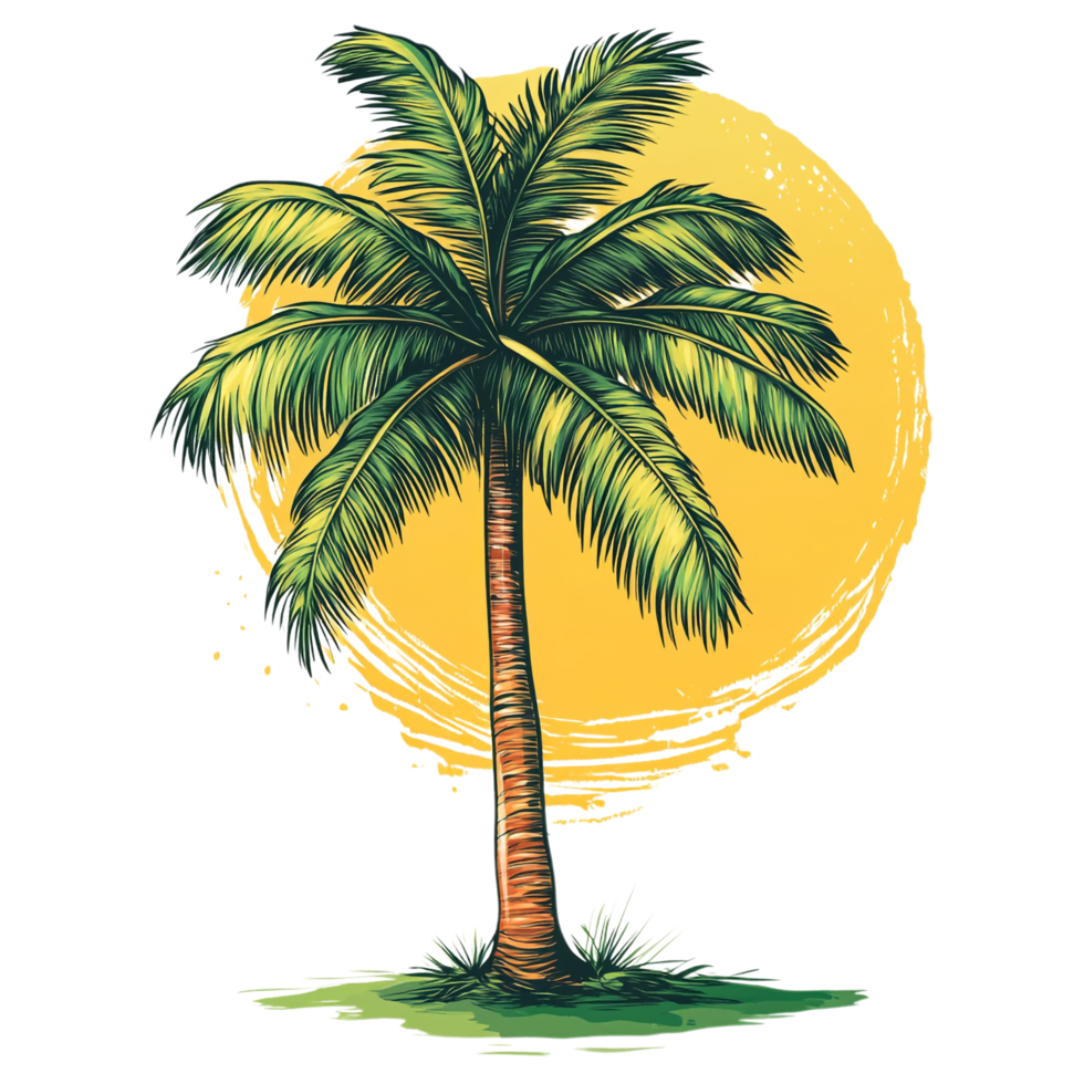 Hand drawn cartoon illustration of a tropical palm tree on a transparent background png