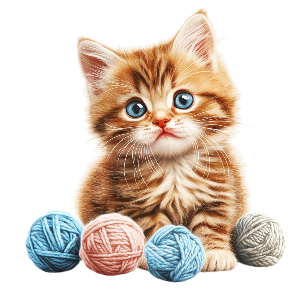 Cute Kitten with Yarn Balls on transparent background png