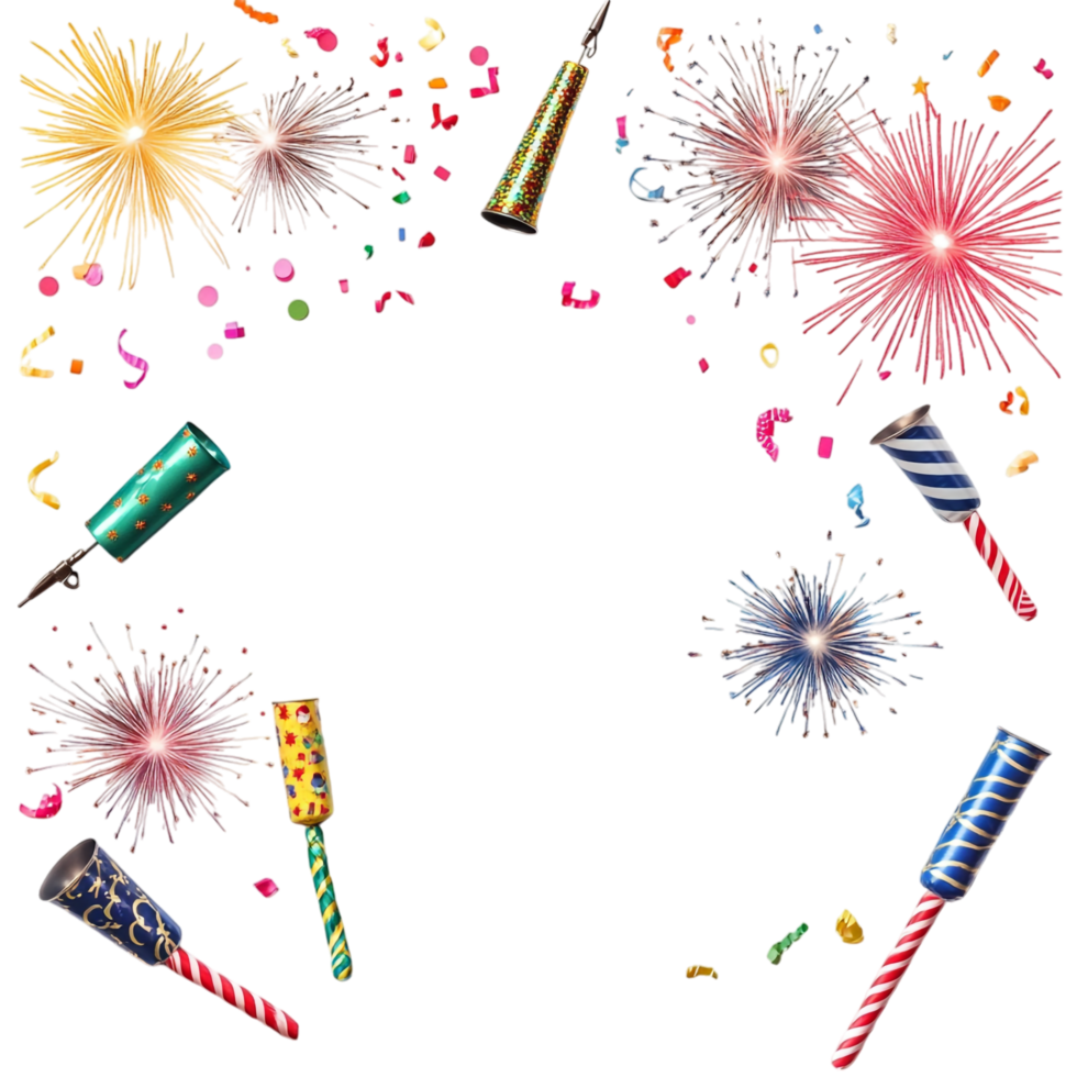 Card template with fireworks and party horns png