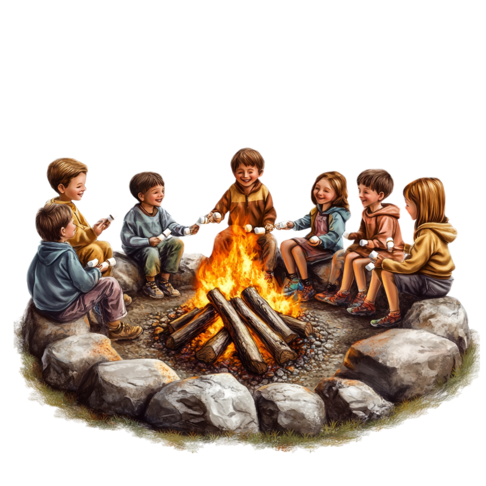 Group of Kids Roasting Marshmallows by a Bonfire in the Forest png