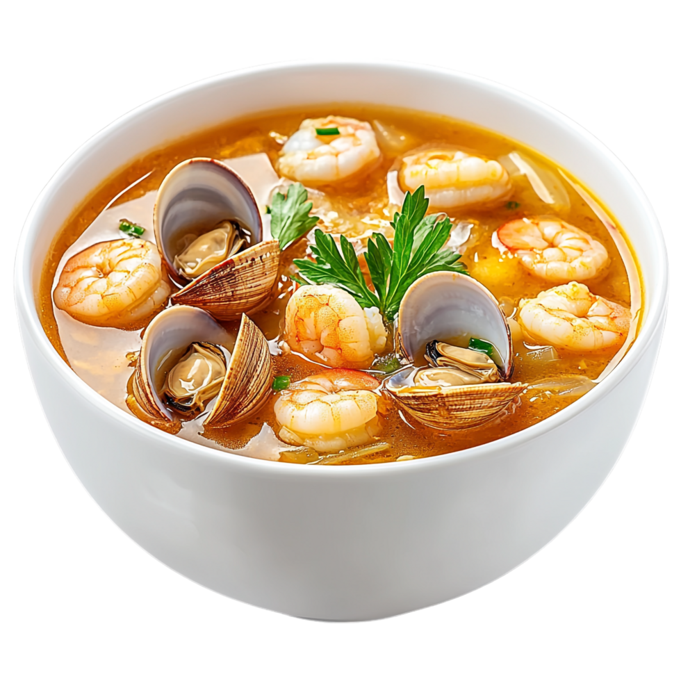 Bowl of soup with clams and shrimp isolated against a transparent background png