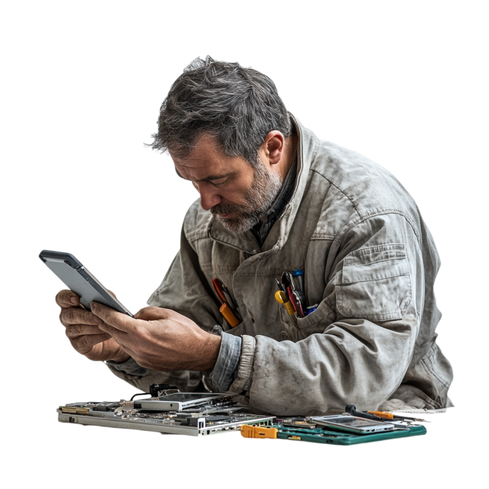 A man repairing a mobile phone against a transparent background png