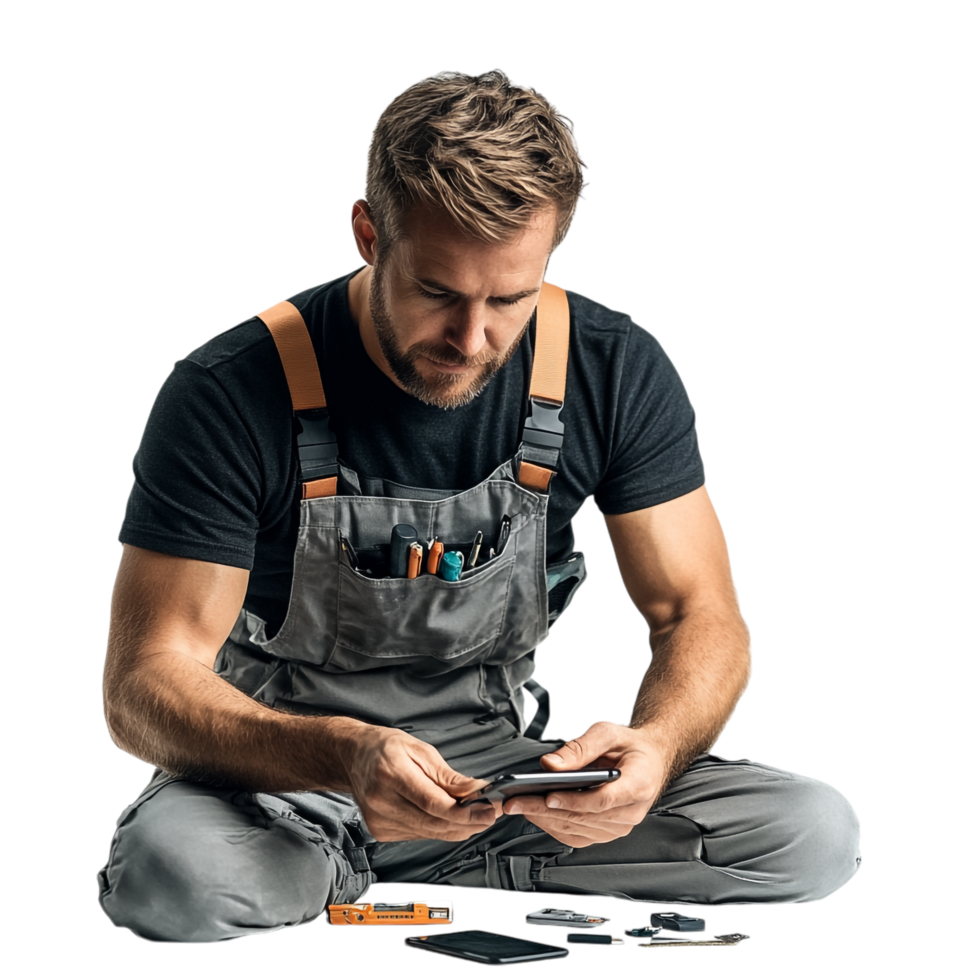 A man repairing a mobile phone against a transparent background png