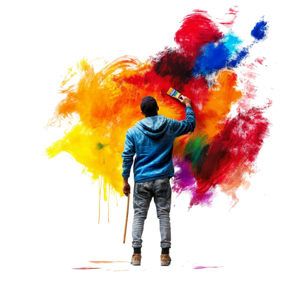 A man painting a wall with bright colors png