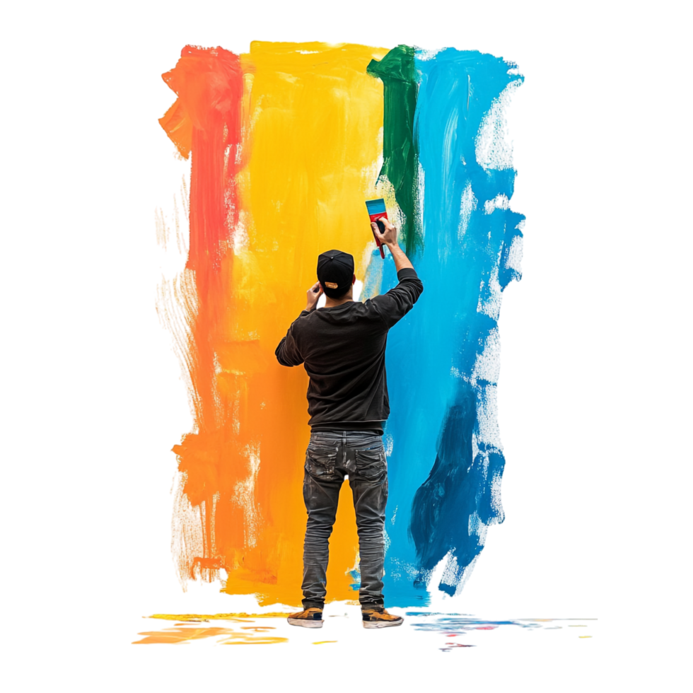 A man painting a wall with bright colors png