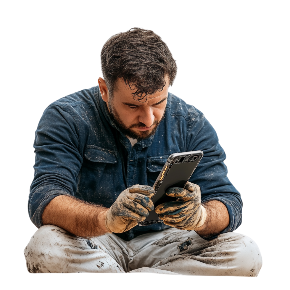 A man repairing a mobile phone against a transparent background png