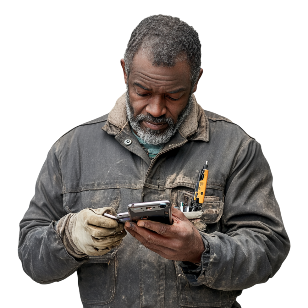A man repairing a mobile phone against a transparent background png