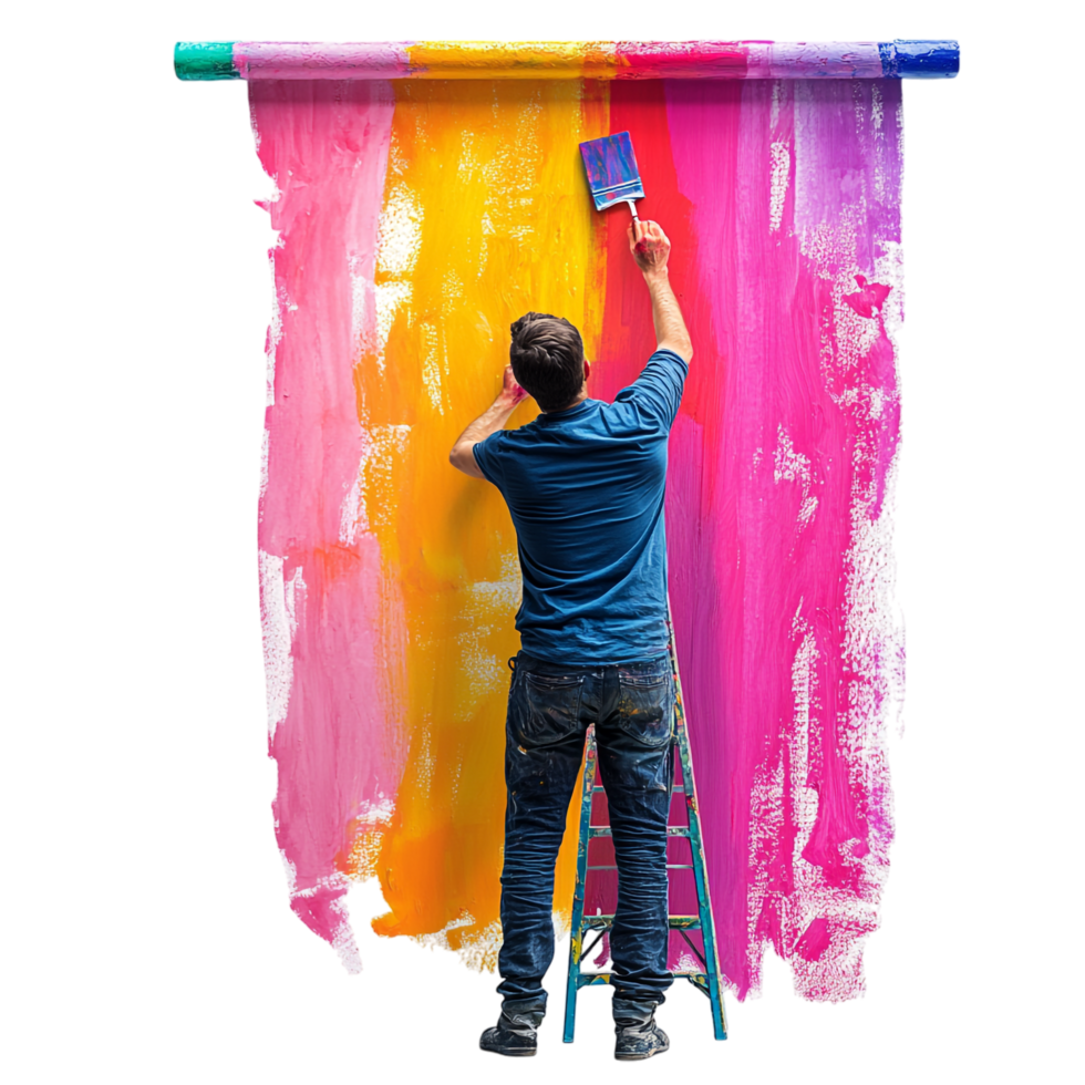 A man painting a wall with bright colors png