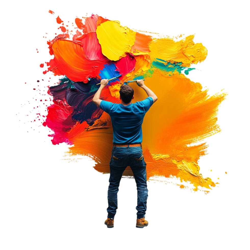 A man painting a wall with bright colors png