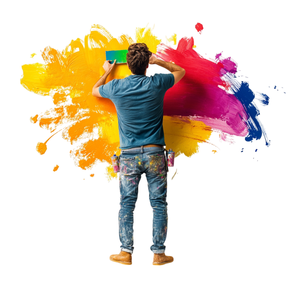 A man painting a wall with bright colors png