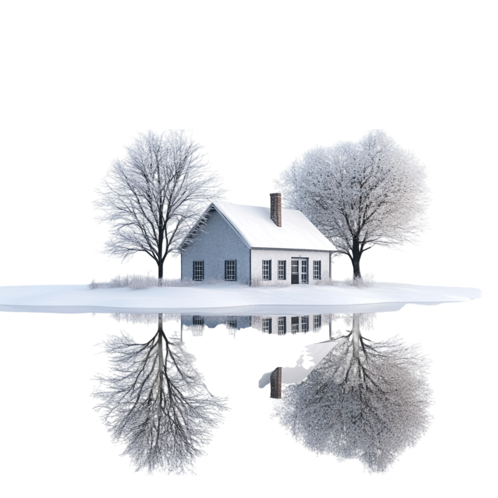 A house on a snowy surface with tree reflections in the snow png