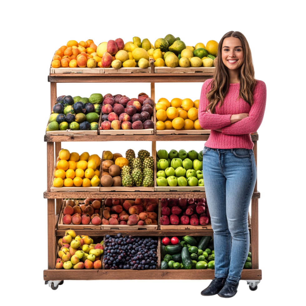 Fruit Store Display Featuring a Smiling Woman png