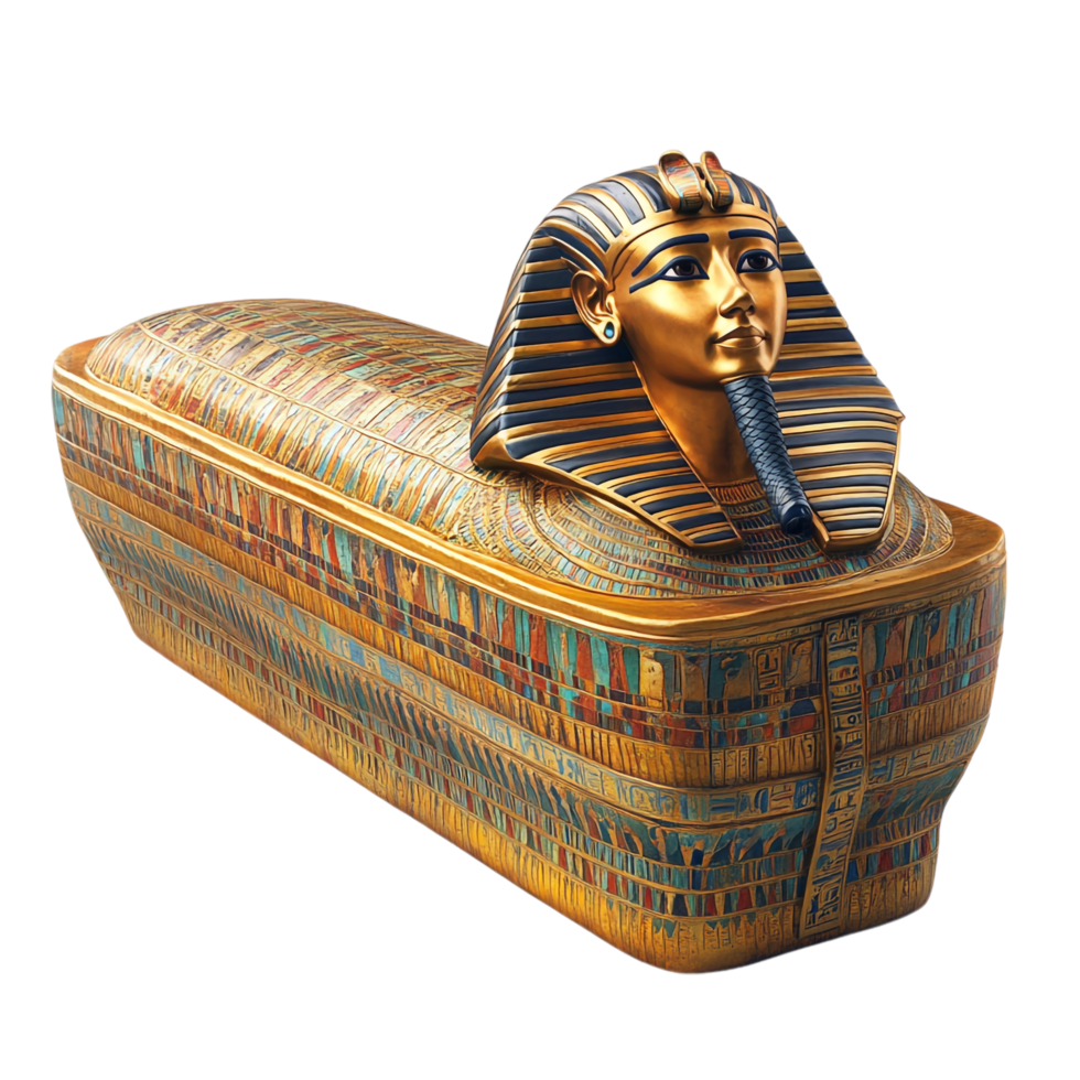 An ancient Egyptian pharaoh's sarcophagus against a transparent background png