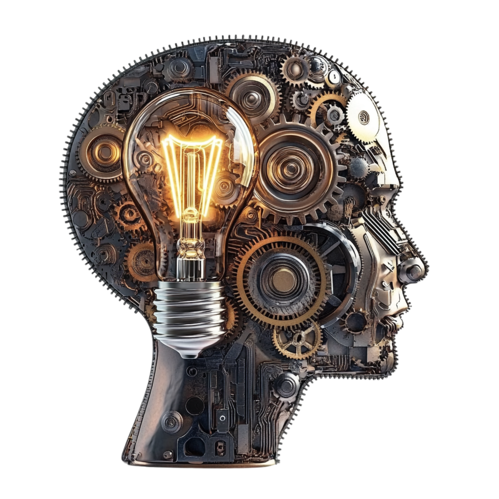 image of a technology head with a brain light bulb and artificial elements png