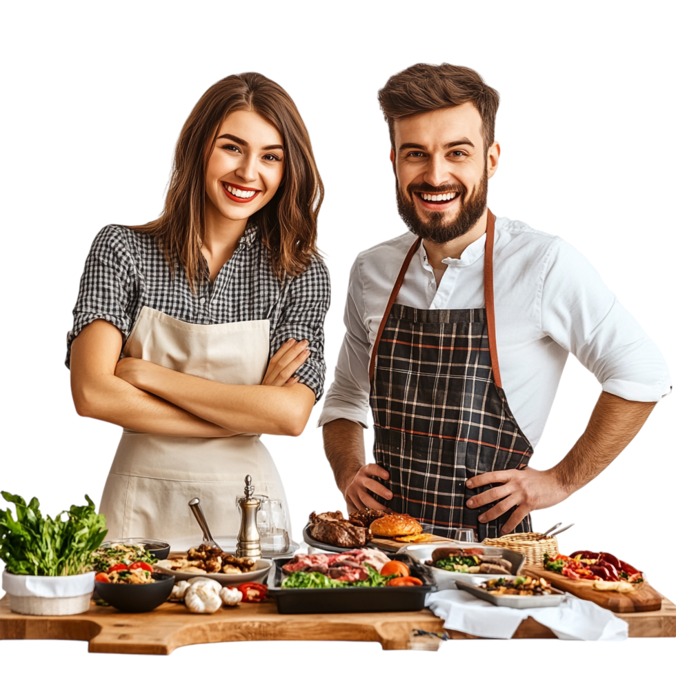 image of a smiling couple standing near a served table png