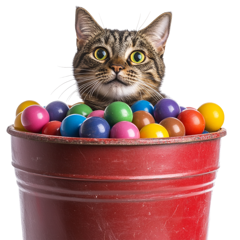 Cat in colorful balls in a large container png