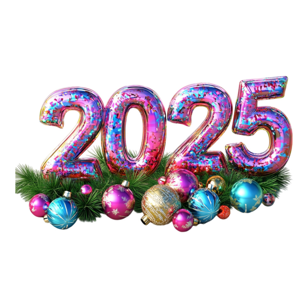 3D rendering of vibrant 2025 numbers with festive decorations png