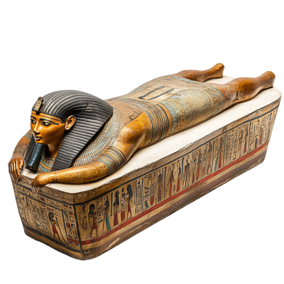 An ancient Egyptian pharaoh's sarcophagus against a transparent background png