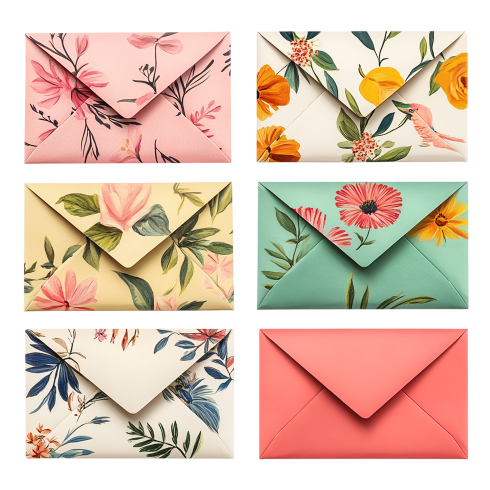 A set of six envelopes with various designs png