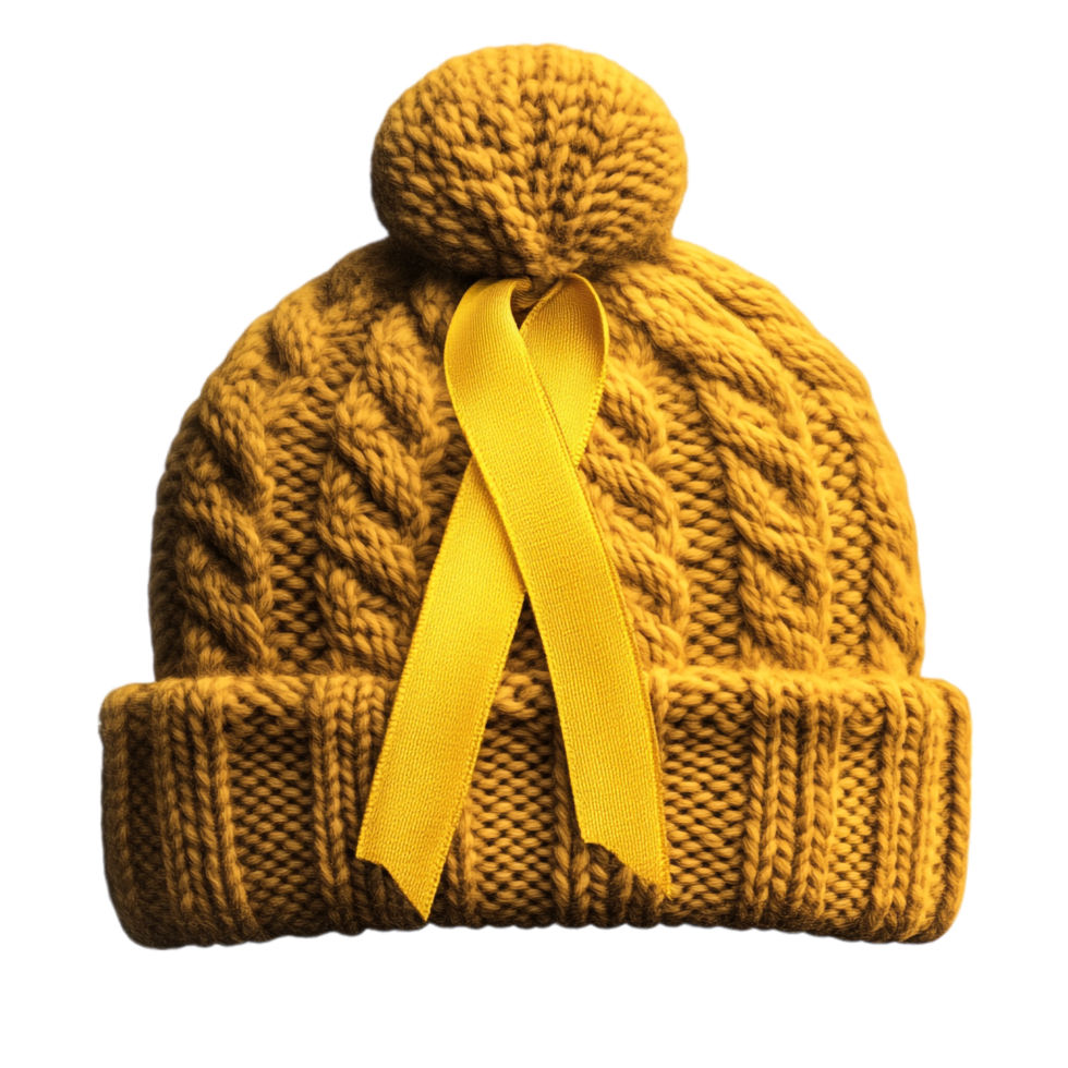 A knit hat with a yellow ribbon isolated on a transparent background png