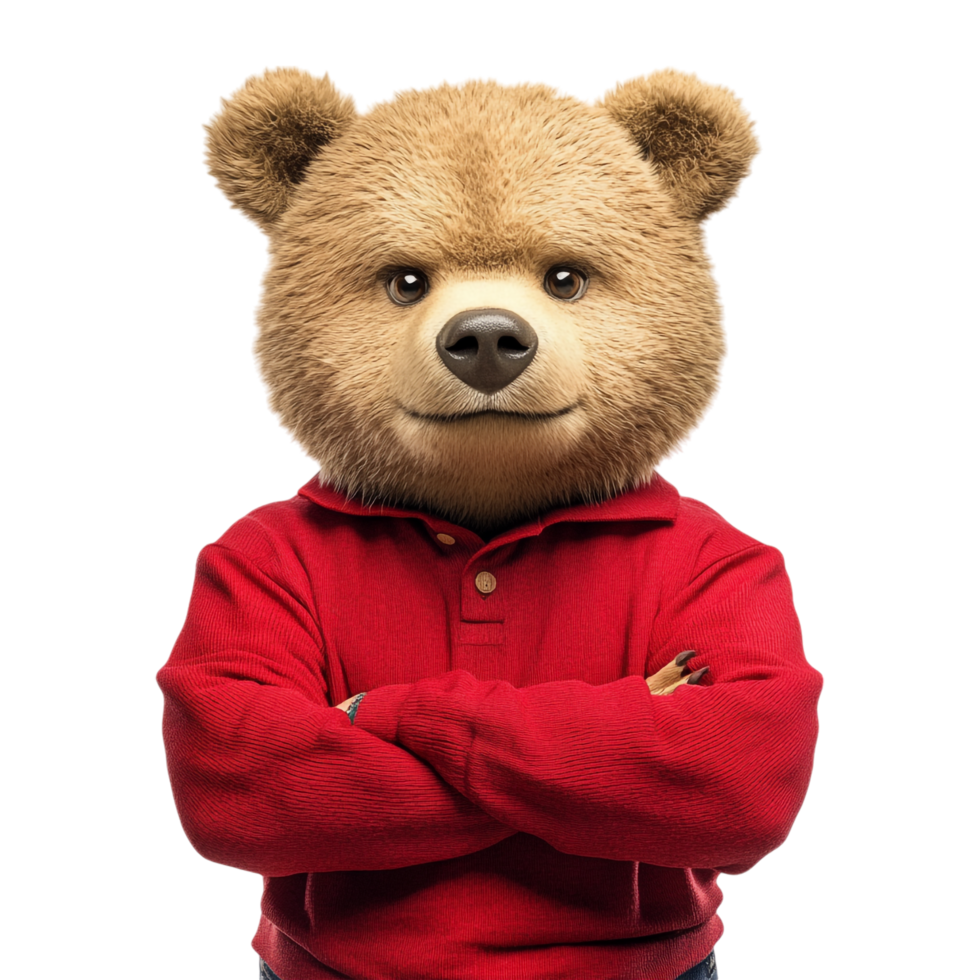 Bear in a red shirt isolated against a transparent background png
