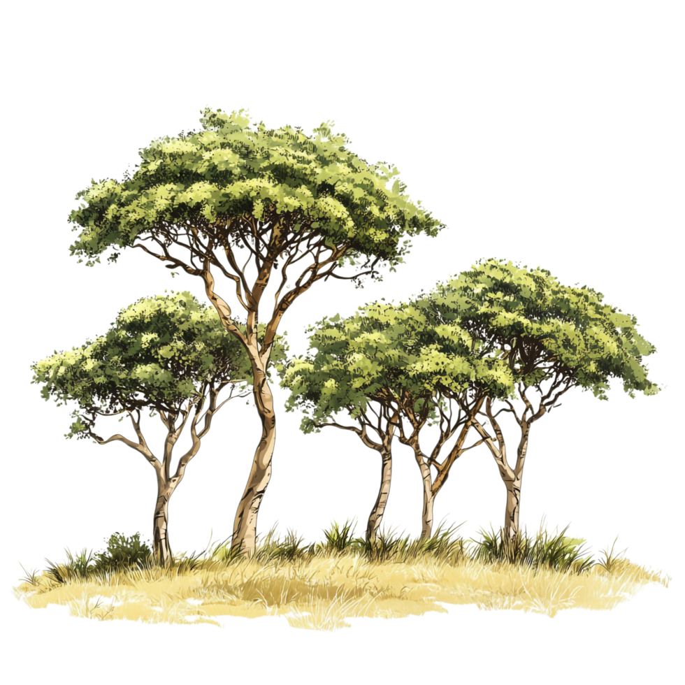 Hand drawn illustration of African trees including acacias and baobabs in a dry landscape png