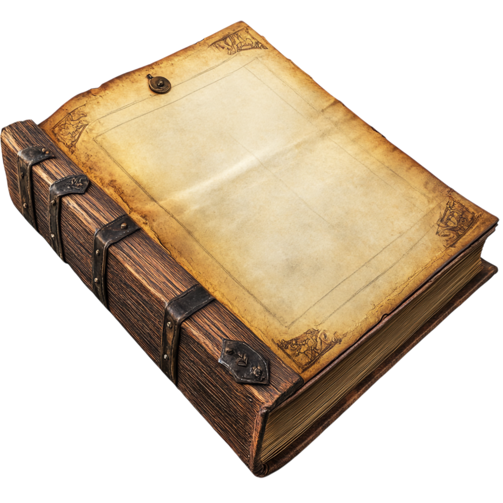 An open old book with a cover and wooden elements against a transparent background png