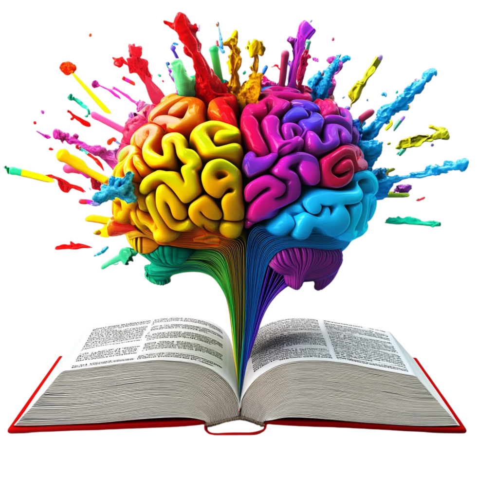 open book with a colorful brain on a transparent background png