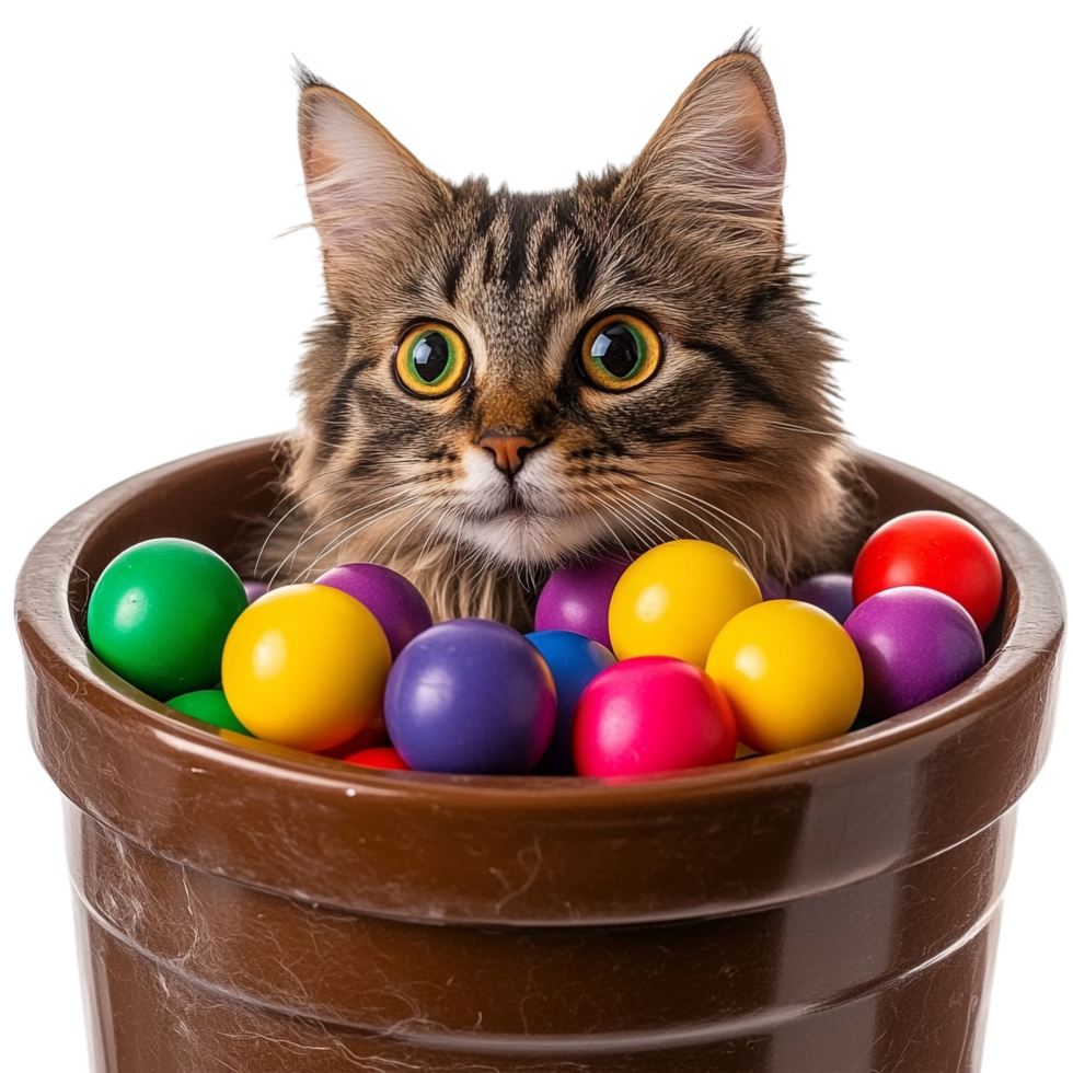 Cat in colorful balls in a large container png