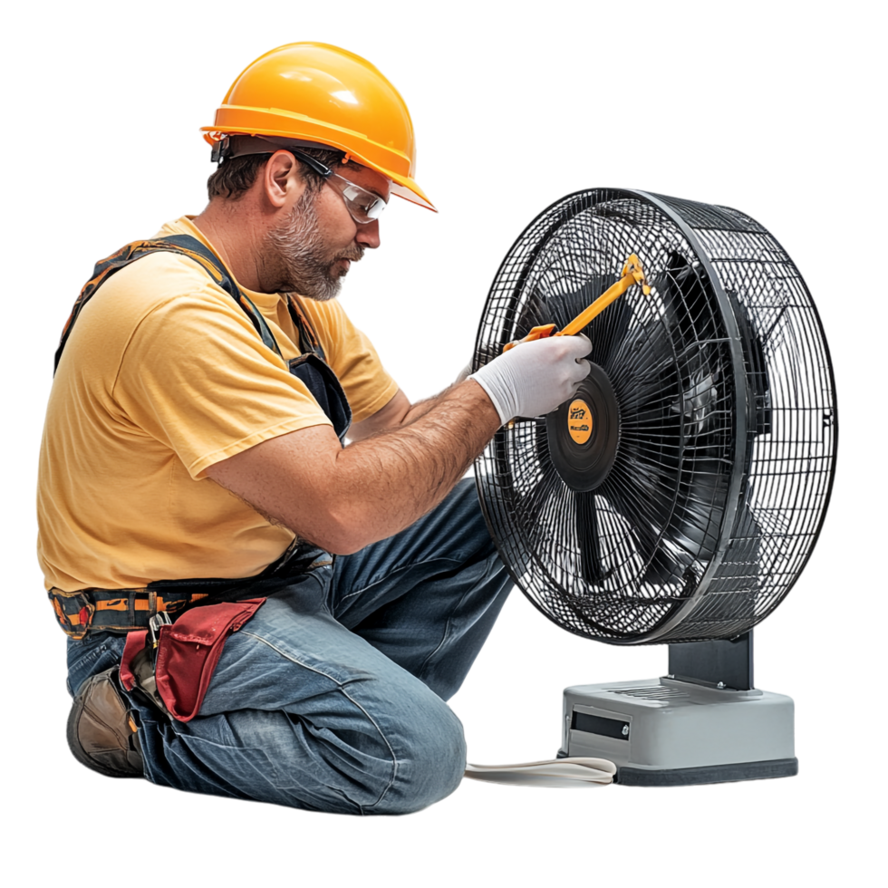A man repairing a fan against a transparent background png