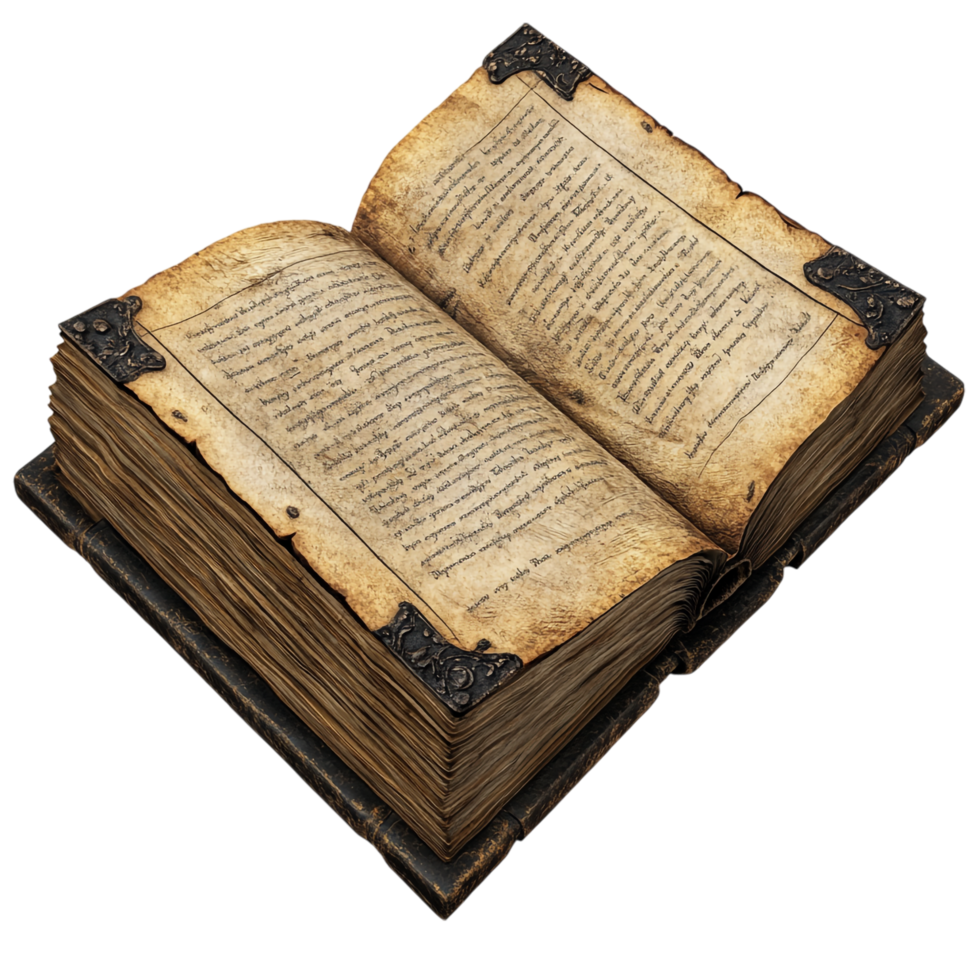 An open old book with a cover and wooden elements against a transparent background png