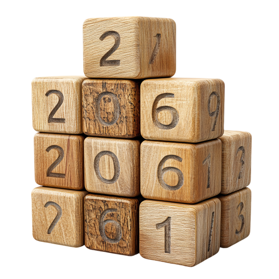 wooden cubes with the year number on a transparent background png