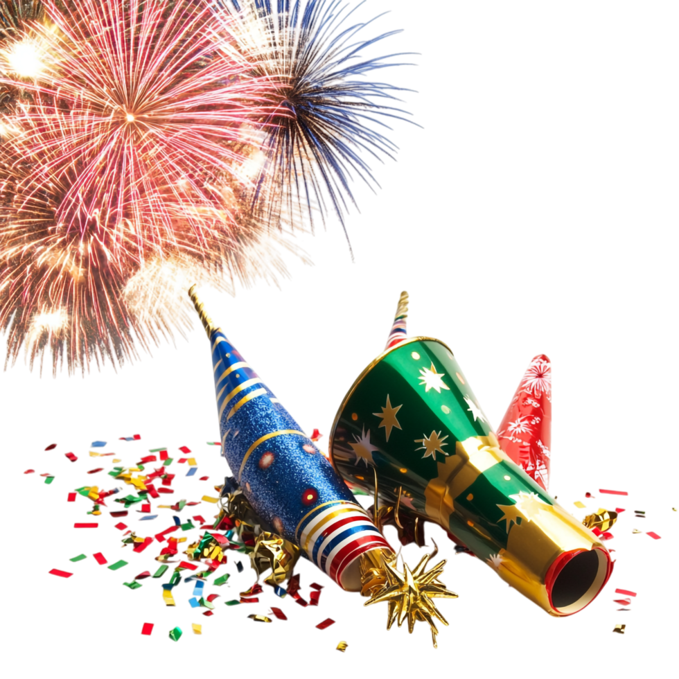 Card template with fireworks and party horns png