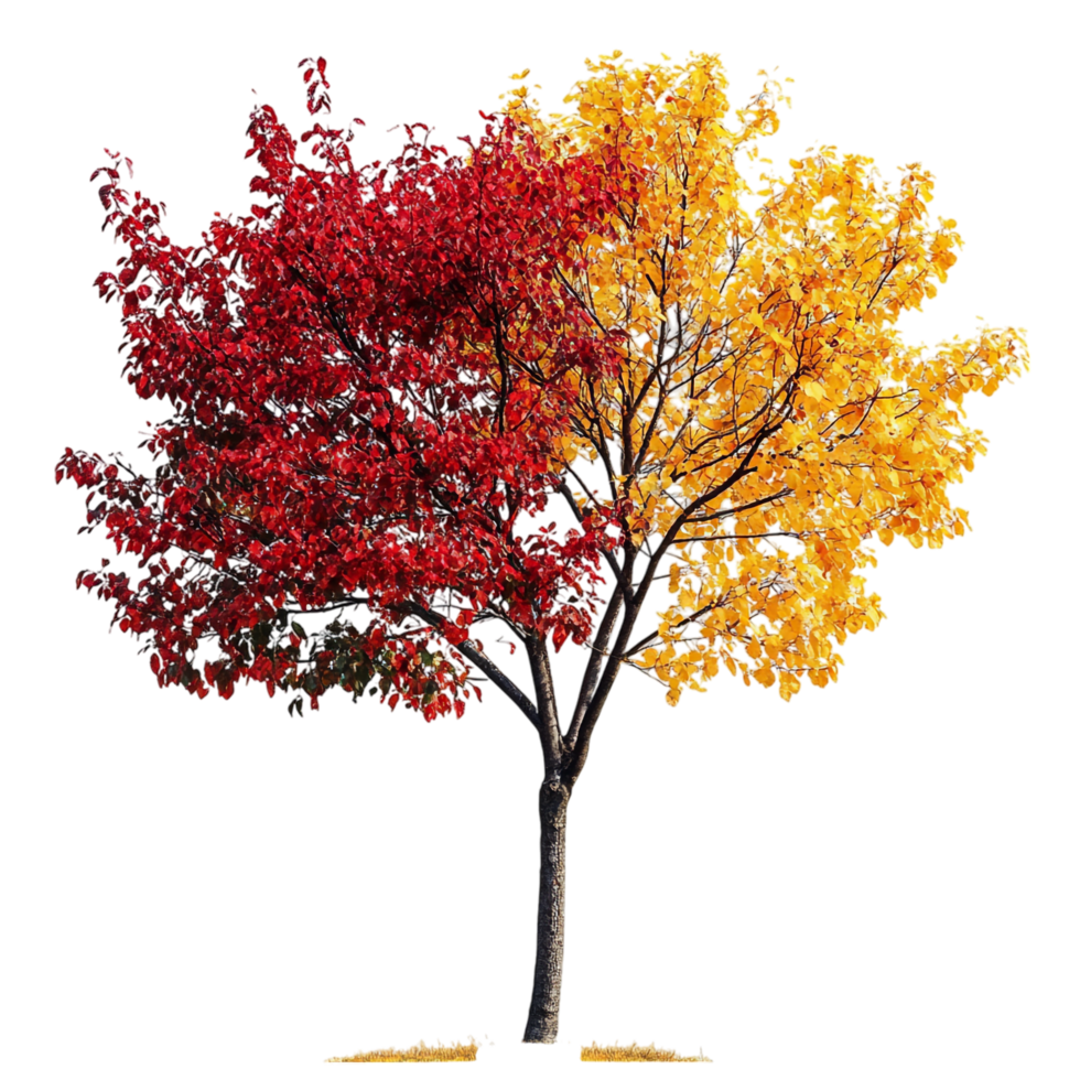 A tree with red and yellow leaves against a transparent background png