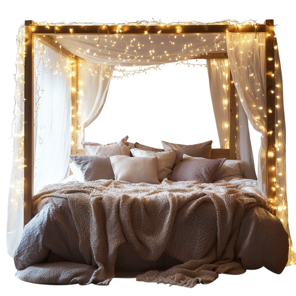 Cozy Bedroom with Fluffy Pillows on transparent background png