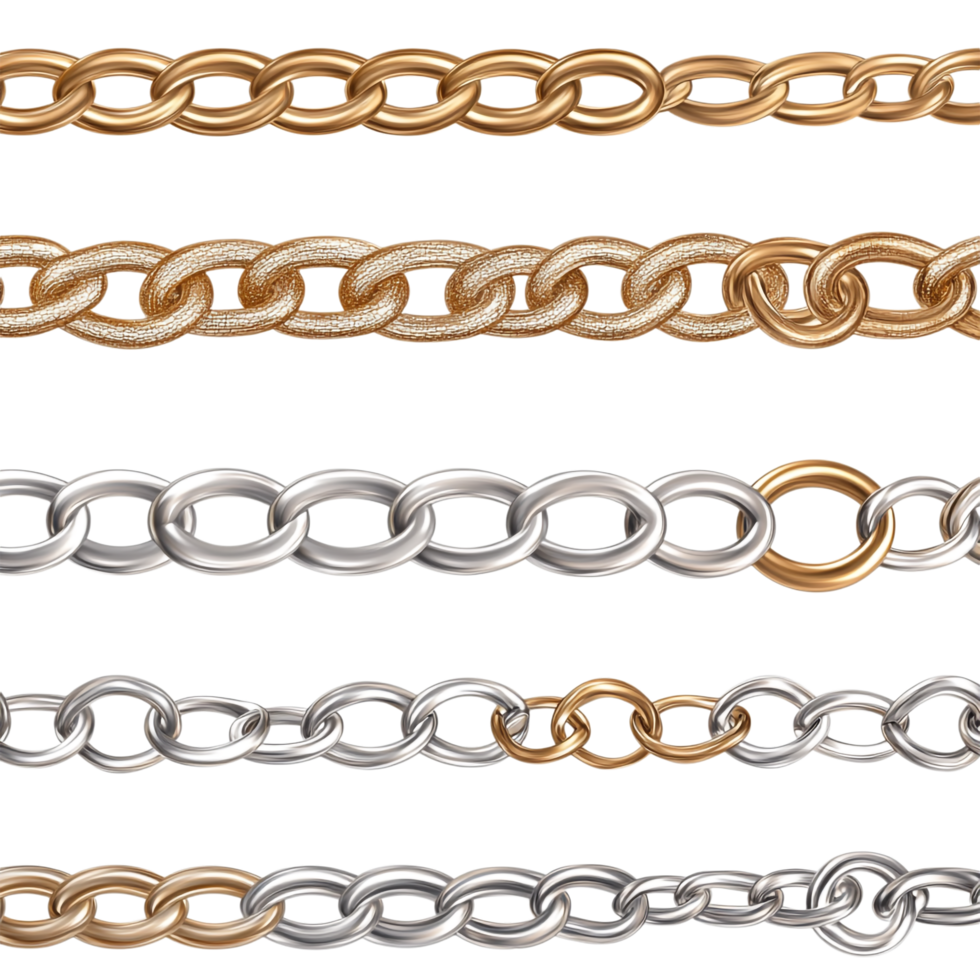 Seamless tile of isolated bronze silver and gold chain set on a transparent background png
