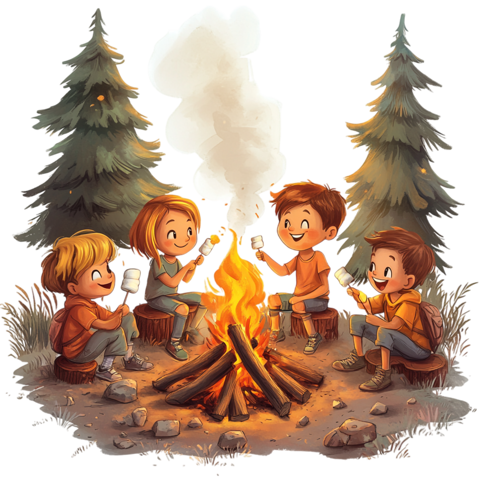 Group of Kids Roasting Marshmallows by a Bonfire in the Forest png