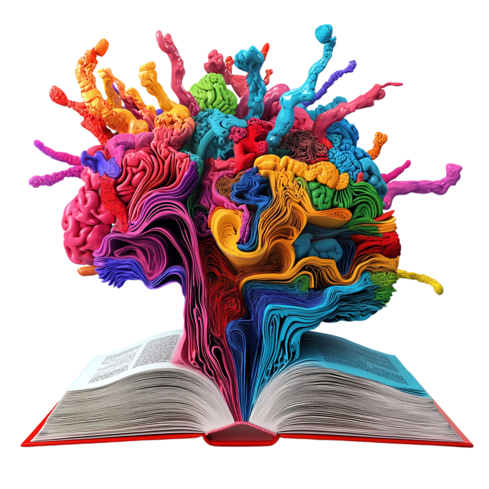 open book with a colorful brain on a transparent background png
