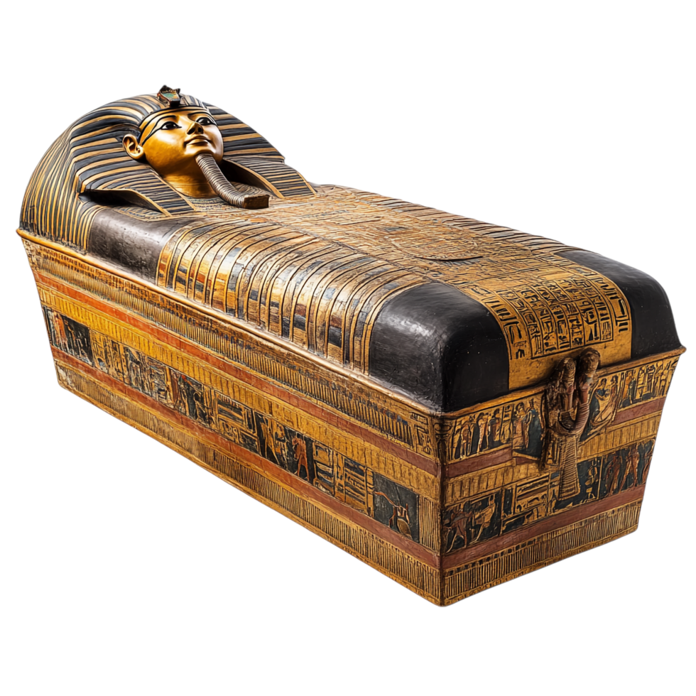 An ancient Egyptian pharaoh's sarcophagus against a transparent background png