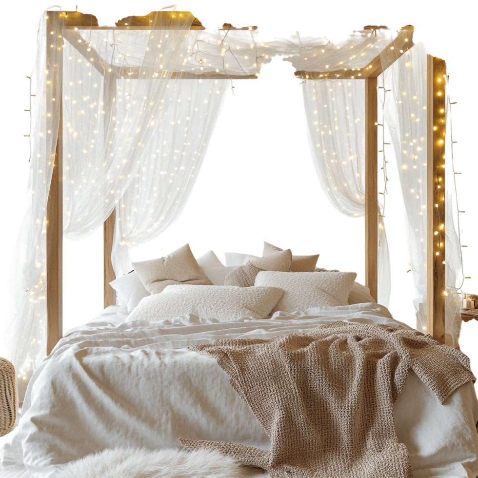 Cozy Bedroom with Fluffy Pillows on transparent background png