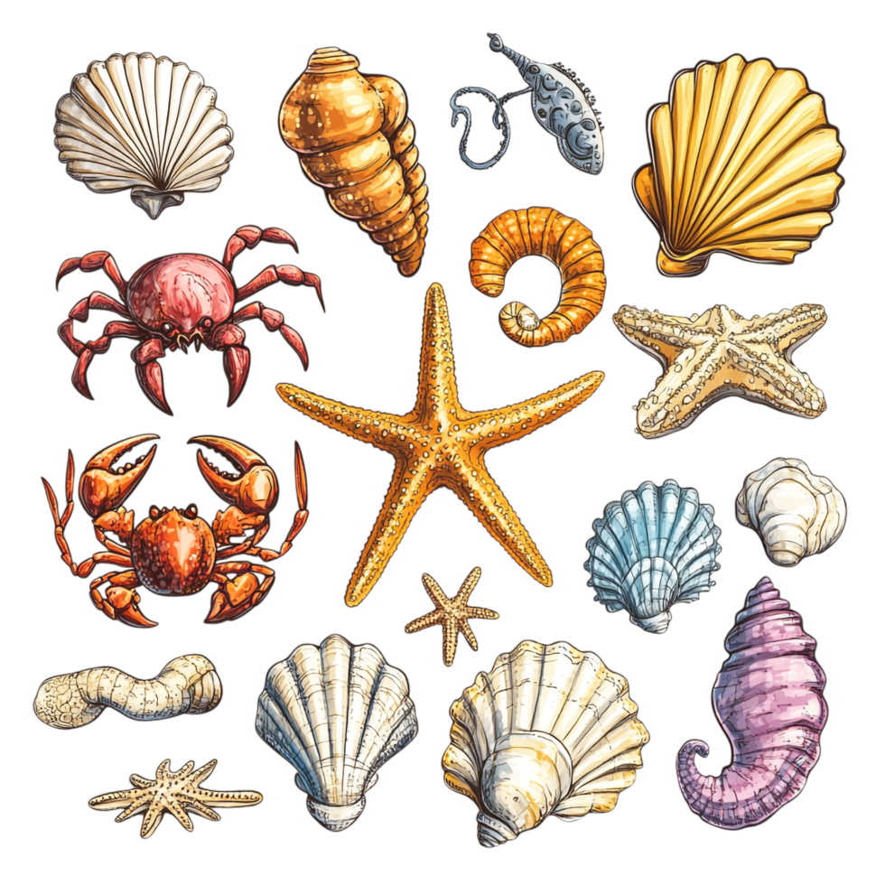 Hand drawn starfish shells crabs and a seahorse on a transparent background png