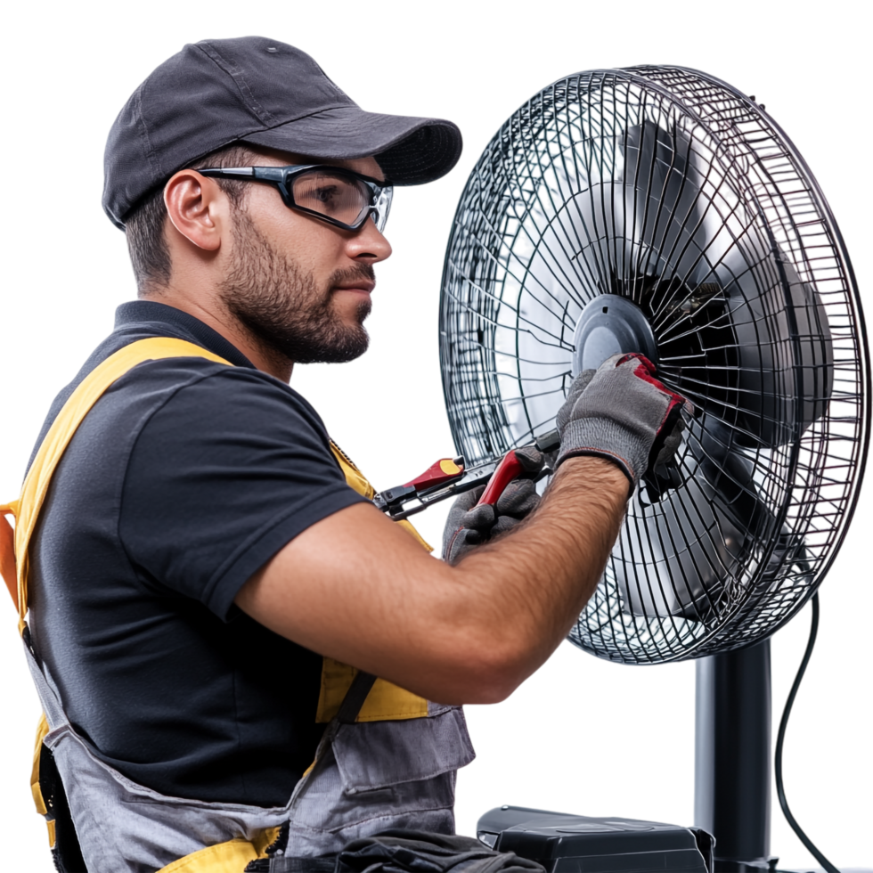 A man repairing a fan against a transparent background png