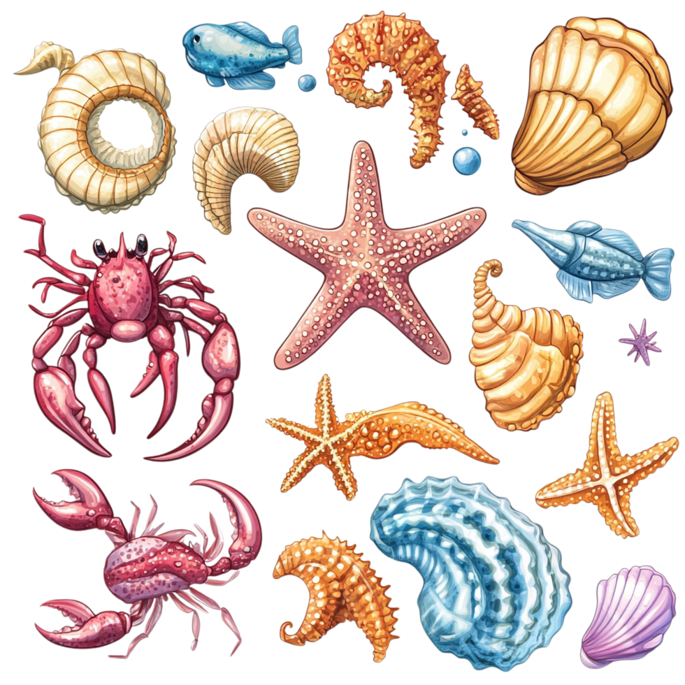 Hand drawn starfish shells crabs and a seahorse on a transparent background png