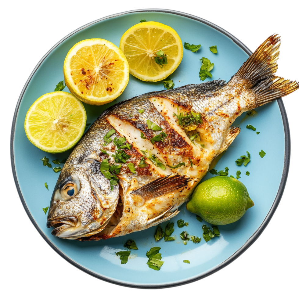 Grilled Fish with Lemon and Lime on Blue Plate png